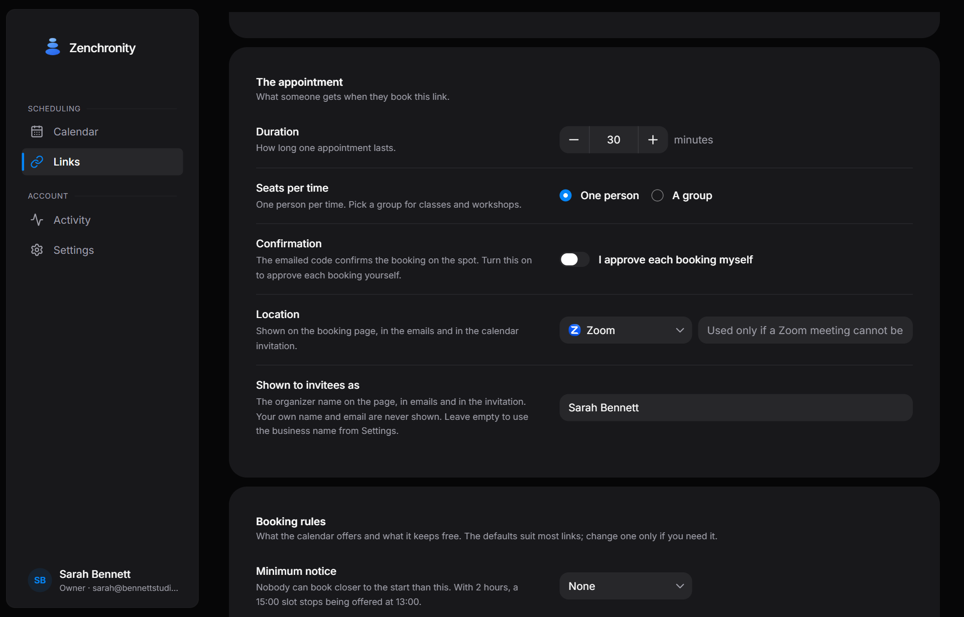 The link editor, with duration, seats, location and the booking rules