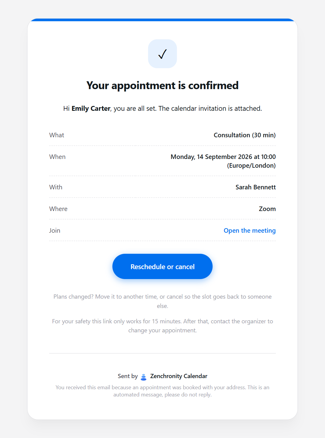 The confirmation email, with what, when, with whom and where