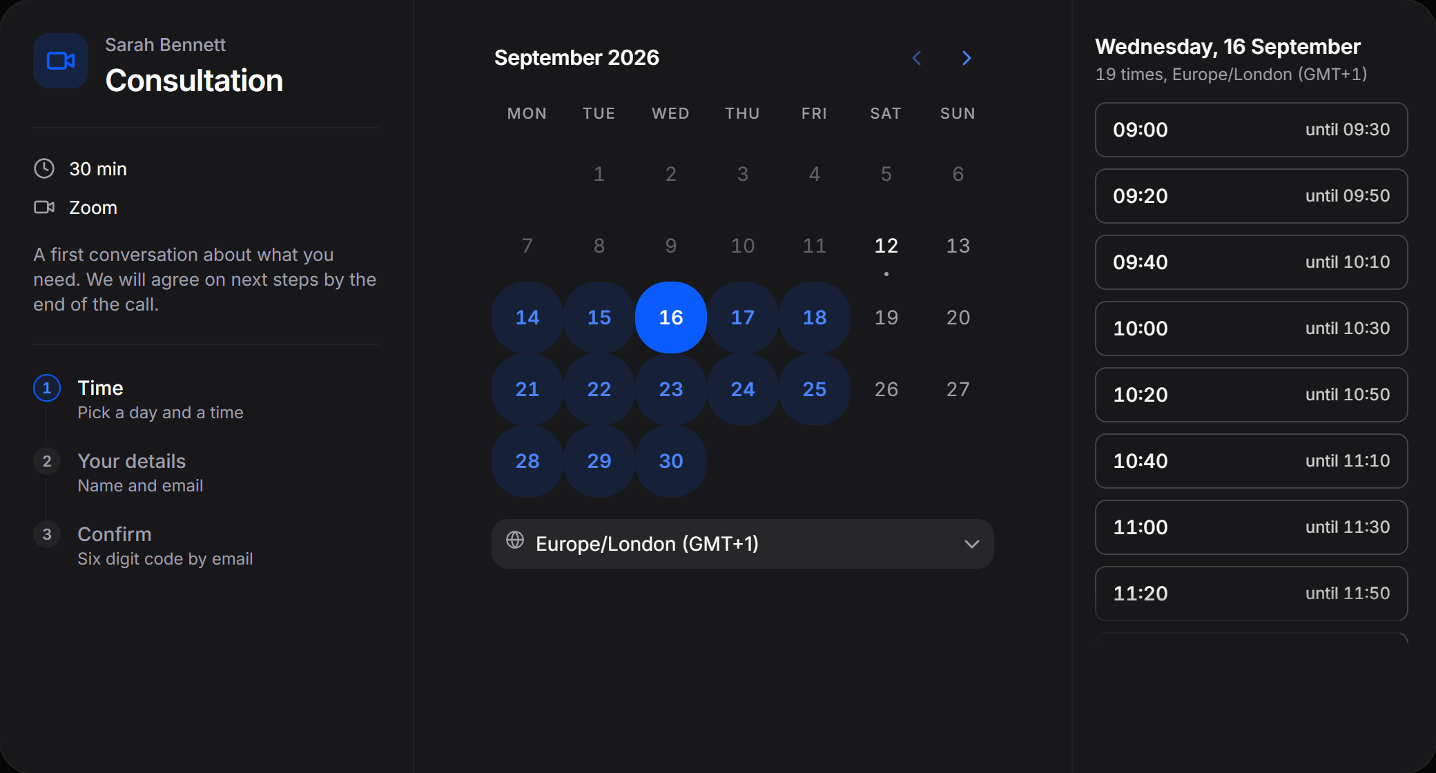 The public booking page with a day selected and the free times listed