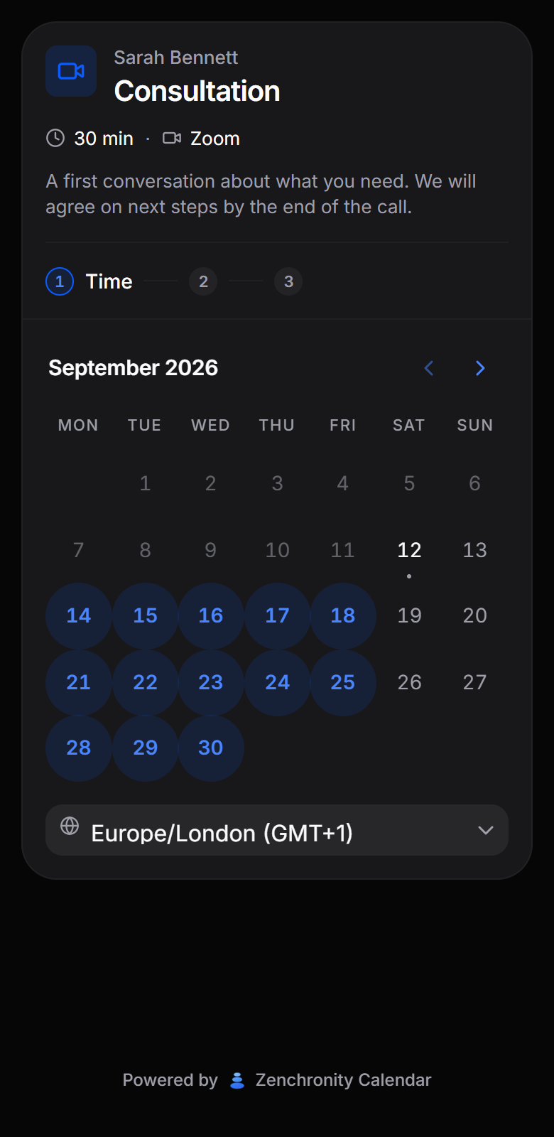 The public booking page with a day selected and the free times listed